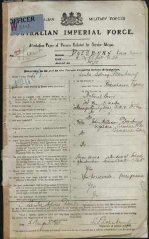 Leslie Sydney Duesbury&#039;s attestation form, signed 3rd August 1915