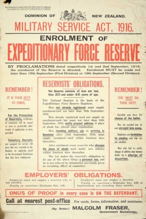 Enrolment requirement form issued in 1916 (lists what will happen to those who don’t enlist)  