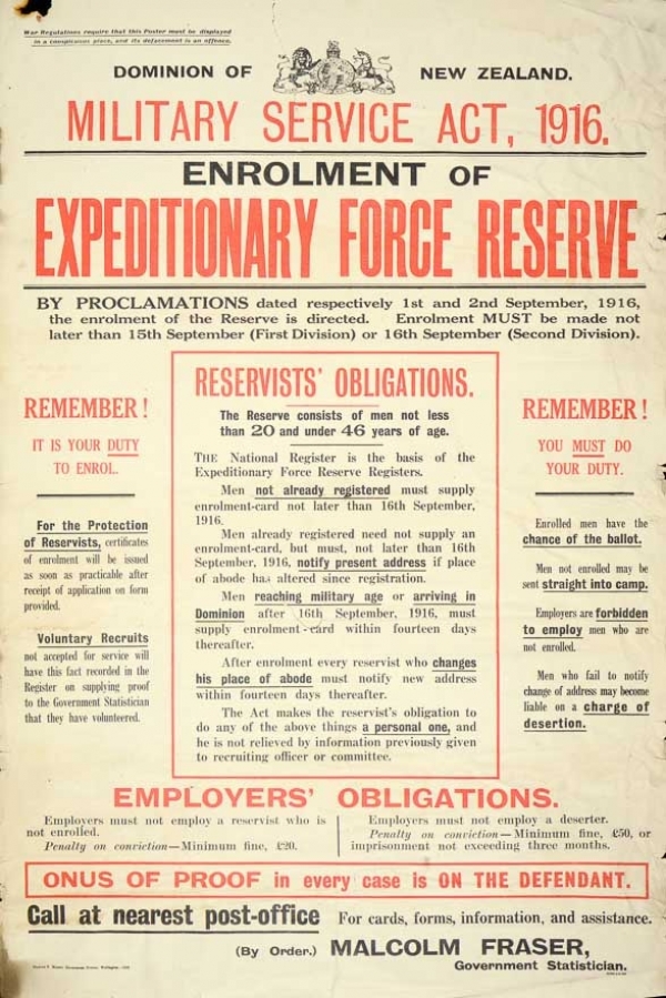 Enrolment requirement form issued in 1916 (lists what will happen to those who don’t enlist)  