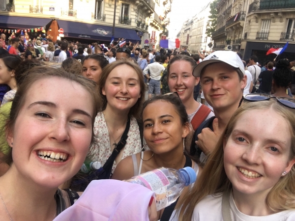Young Kiwi Ambassadors celebrating with the French in Paris after the Football team won the World Cup. 